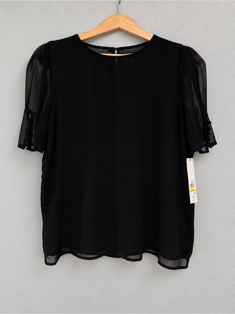 Calvin Klein Women’s Medium Black Sheer Sleeve Blouse NWT Puff Sleeve Career Top